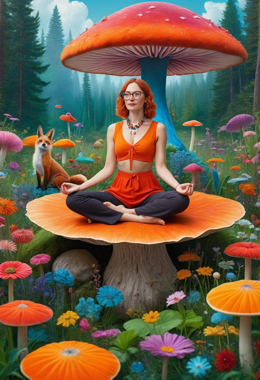 A whimsical representation of a thriving woman surrounded by unconventional wellness elements—think yoga on a giant mushroom, meditating with colorful crystals, and enjoying a tea party with quirky animals in a vibrant meadow. The scene is infused with playful colors and surreal elements that symbolize creativity and self-care. The atmosphere is uplifting, capturing the essence of embracing eccentricity in wellness. vibrant colors. surreal art. playful style.