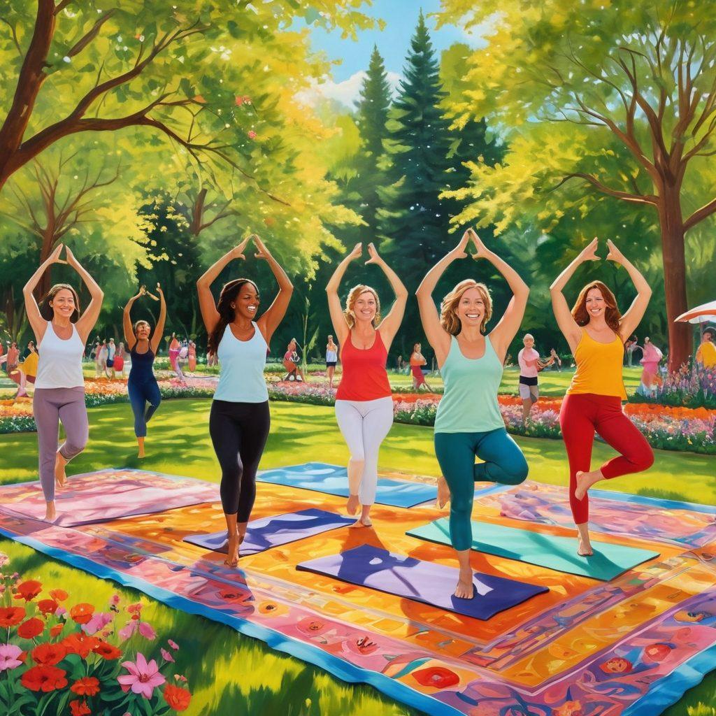 A vibrant, diverse group of women joyfully engaging in unique wellness activities like dancing in a sunlit park, practicing yoga on colorful mats, and sharing healthy meals in a garden. Incorporate elements of nature, bright flowers, and playful patterns to reflect eccentric wellness choices. Showcase smiles and camaraderie, emphasizing empowerment and joy. Create a warm, inviting atmosphere with dynamic energy. vibrant colors. painting.