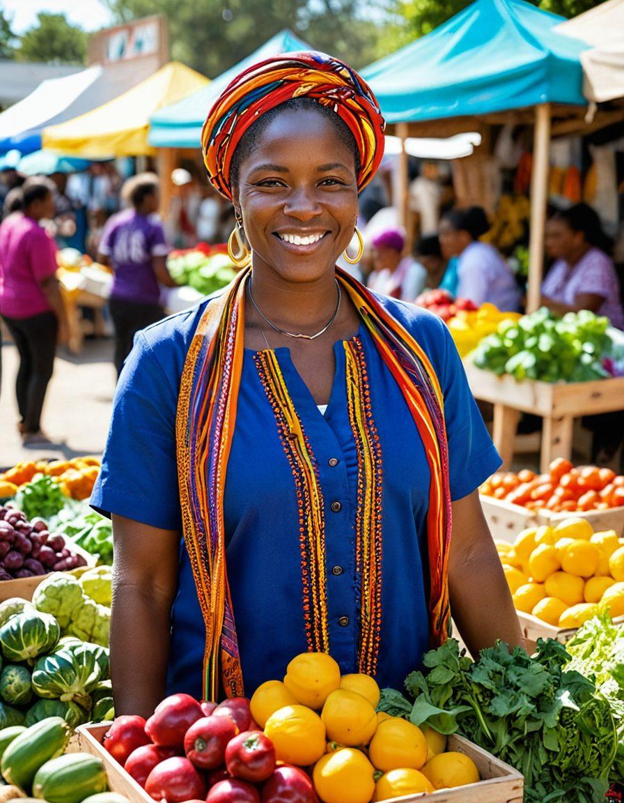 A powerful female leader standing strong in a vibrant community setting, engaging with diverse groups of women and children, showcasing health practices and education. The background features a colorful marketplace, symbolizing unity and transformation in health. Bright, uplifting colors illustrate hope and empowerment. super-realistic. vibrant colors. community-focused.